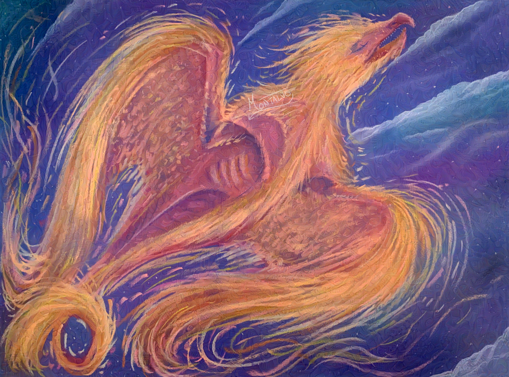 A pastel illustration of a bird-like dragon with fiery wings.'