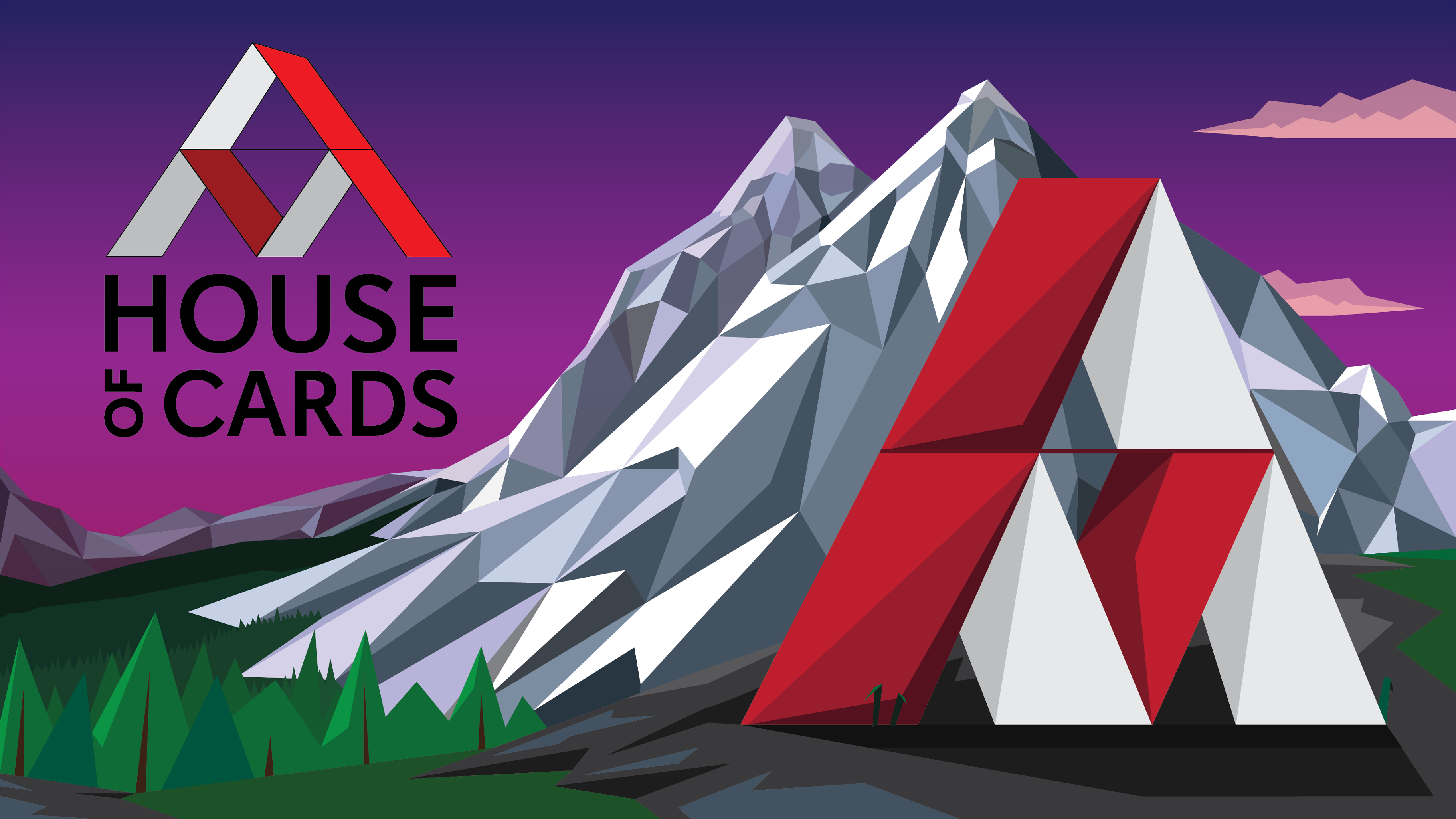 A polygonal illustration of a house of cards against a mountainous background.