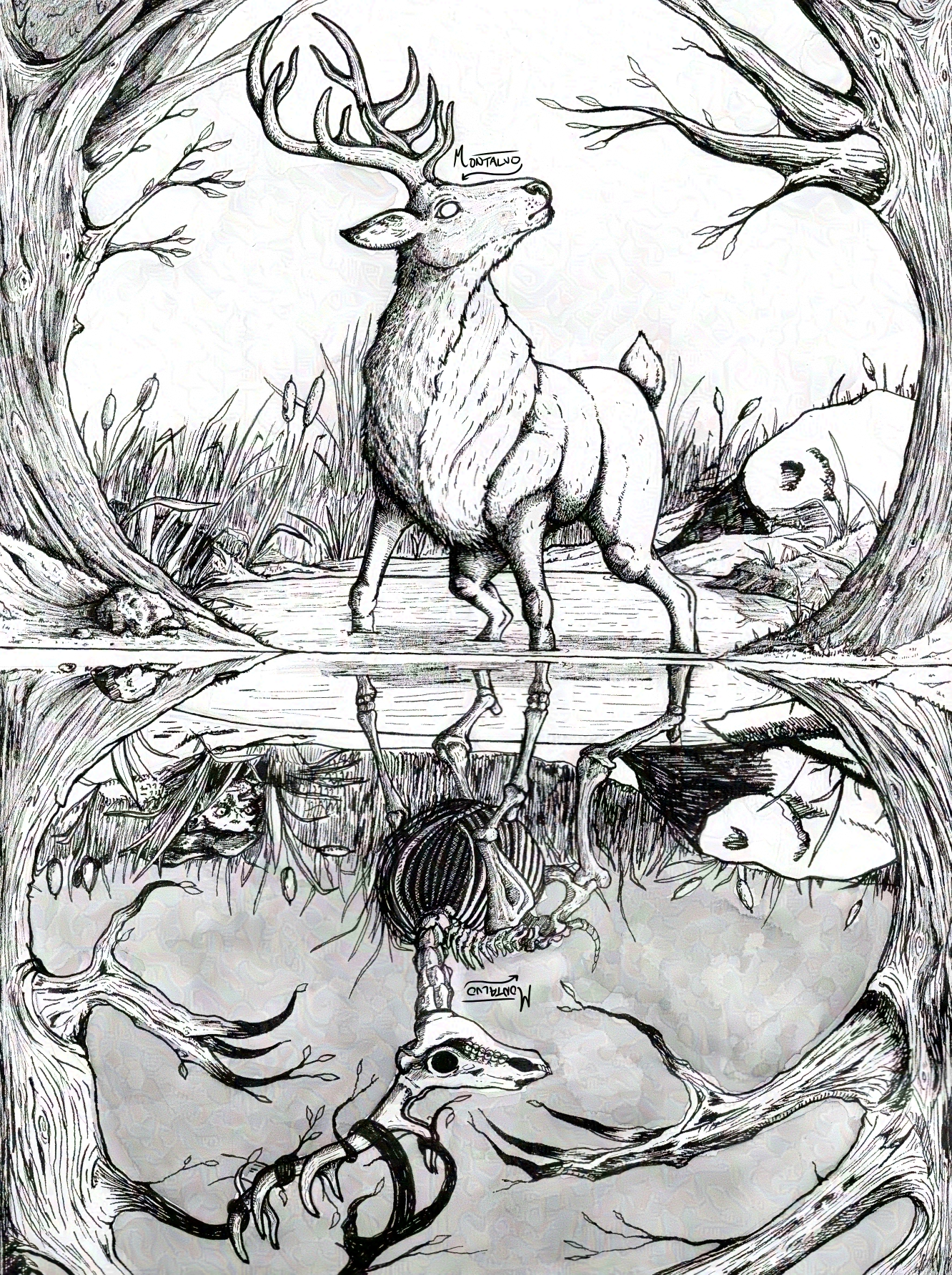 An ink illustration. The top half is a stag standing in knee-deep
          water and looking up with pride. The bottom half is his reflection, a skeleton whose antlers are trapped in the branches.