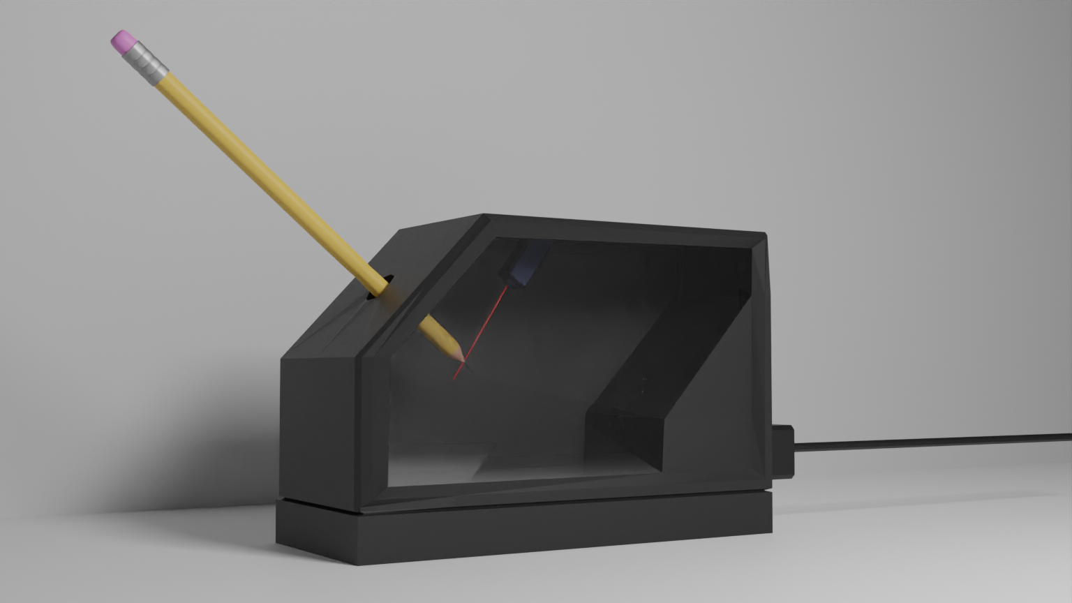 A 3D render of the pencil sharpener in action.