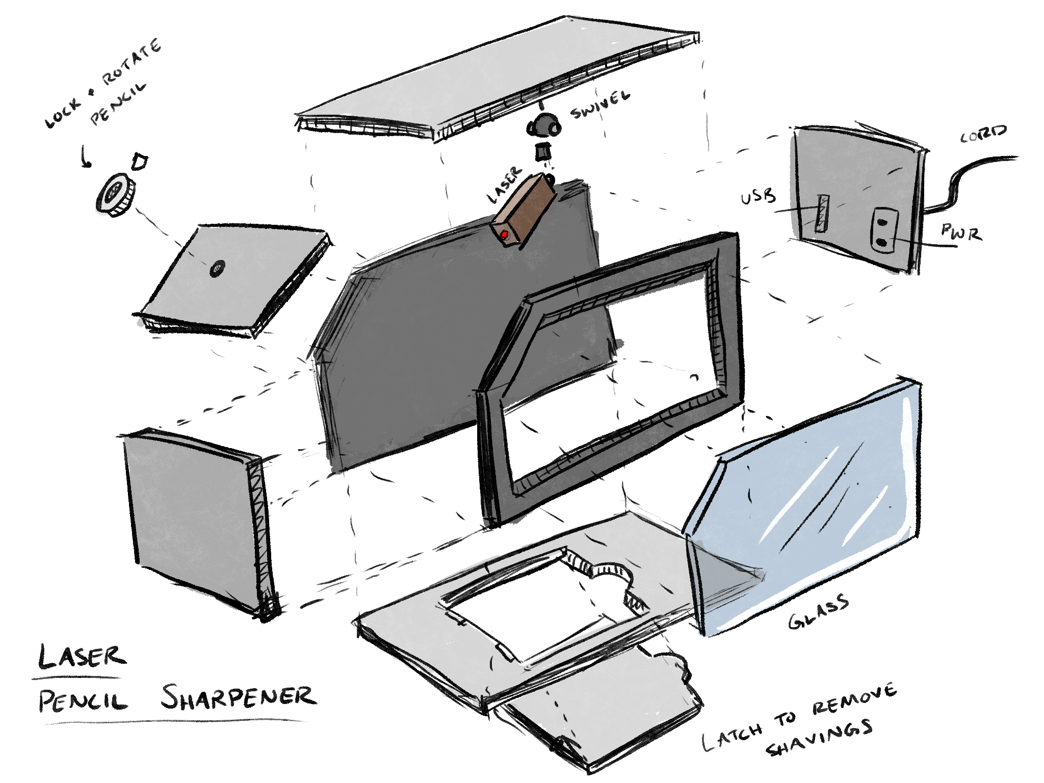 A sketch of the sharpener in a blown-up isometric view.