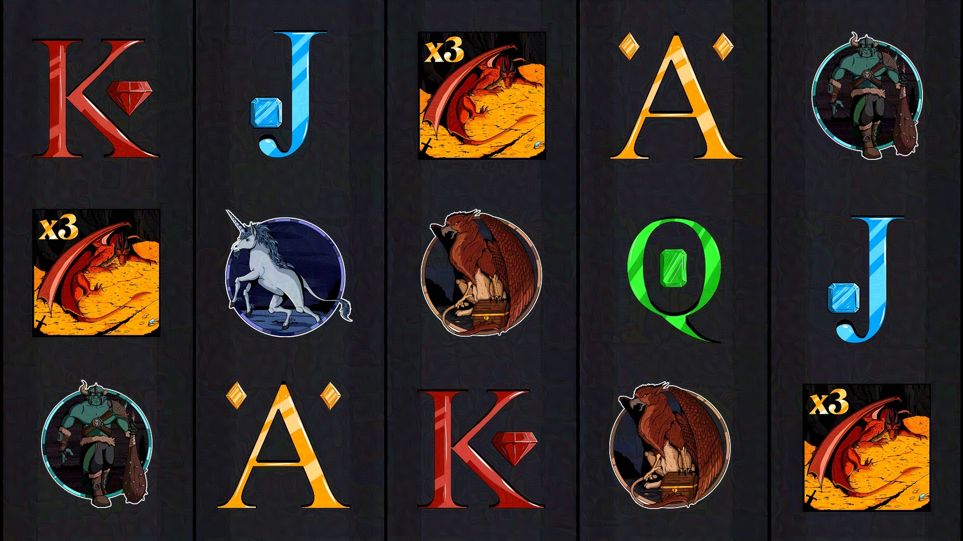 A mockup of a slot reel featuring the icons created.